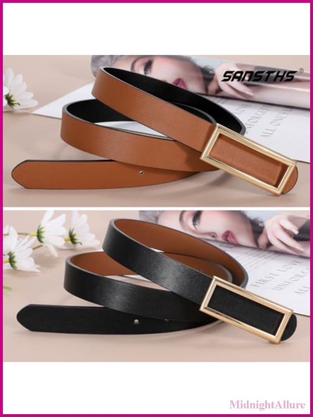 Reversible Skinny Faux Leather Belt with Gold Buckle for Women Dresses Jeans - Picture 4 of 6